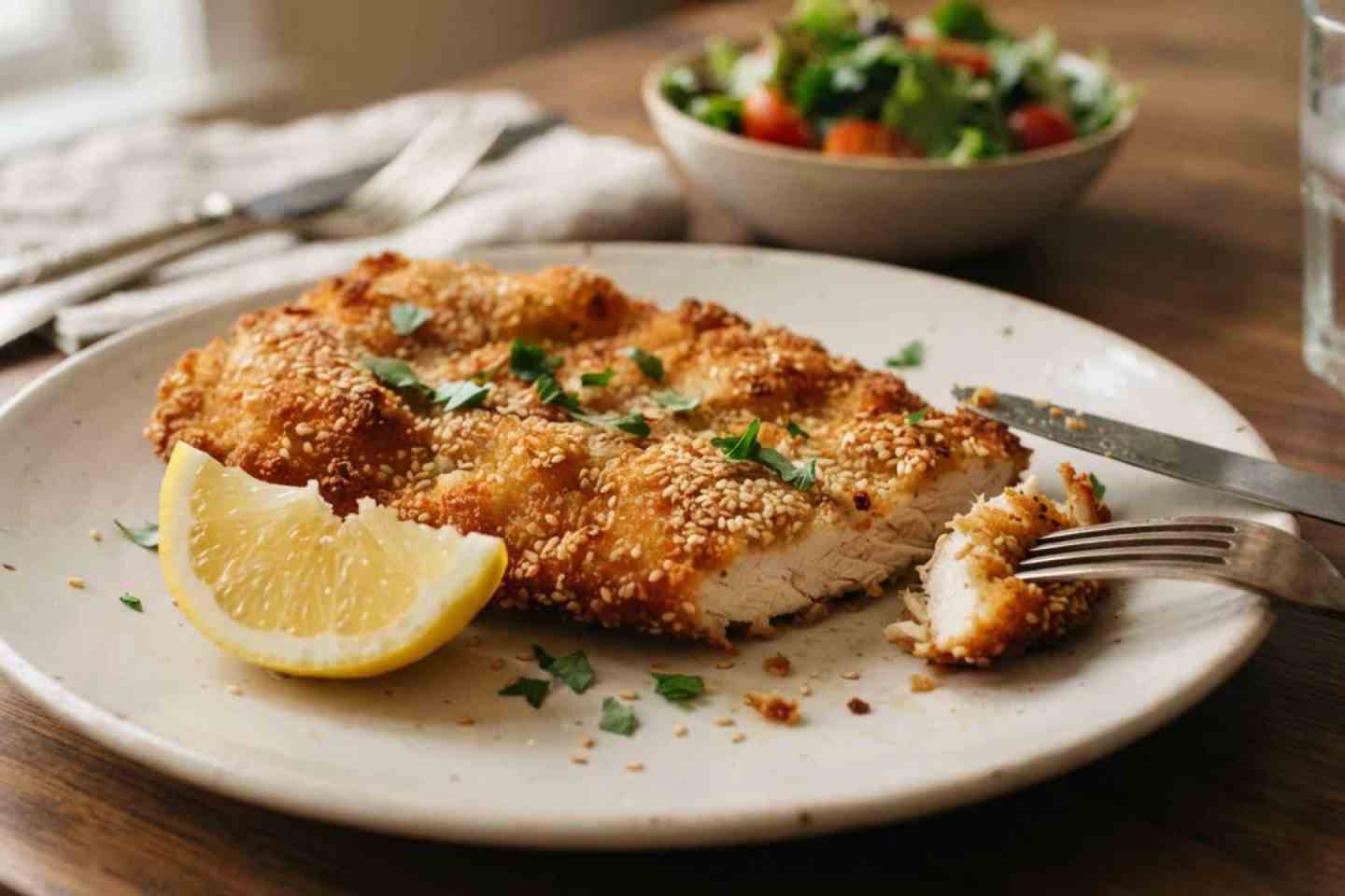 Israelisches Hähnchenschnitzel – goldbraun, knusprig und saftig  Inspiriert von der israelischen Küche ist dieses einfache Hähnchenschnitzel-Rezept ein echtes Familienessen – und eines, bei dem besonders die Kinder gerne zugreifen. Doch was macht es so besonders? Ein israelisches Hähnchenschnitzel hat alles, was ein gutes Schnitzel braucht: eine goldbraune, unglaublich knusprige Panade und zartes, saftiges Hähnchenfleisch. Doch seine Seele liegt in einer faszinierenden Geschichte von Migration und Anpassung, die es weit über ein gewöhnliches Alltagsgericht hebt....  https://mediterrane-delites.com/2026/09/24/israelisches-haehnchenschnitzel/